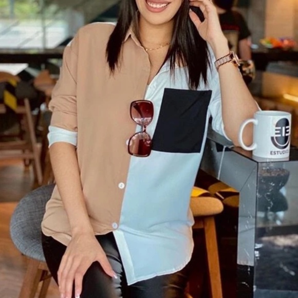 Drop Shoulder Oversized Colorblock Button Down Shirt White Tan Black - Picture 7 of 8